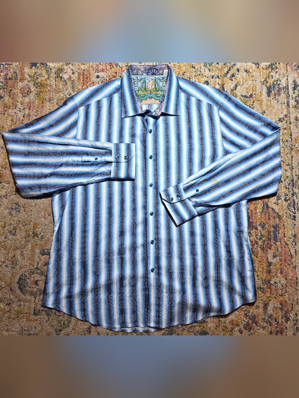 Robert Graham Men's Jaquard Striped Long Sleeve Dress Shirt Size XXL Blue Hippie